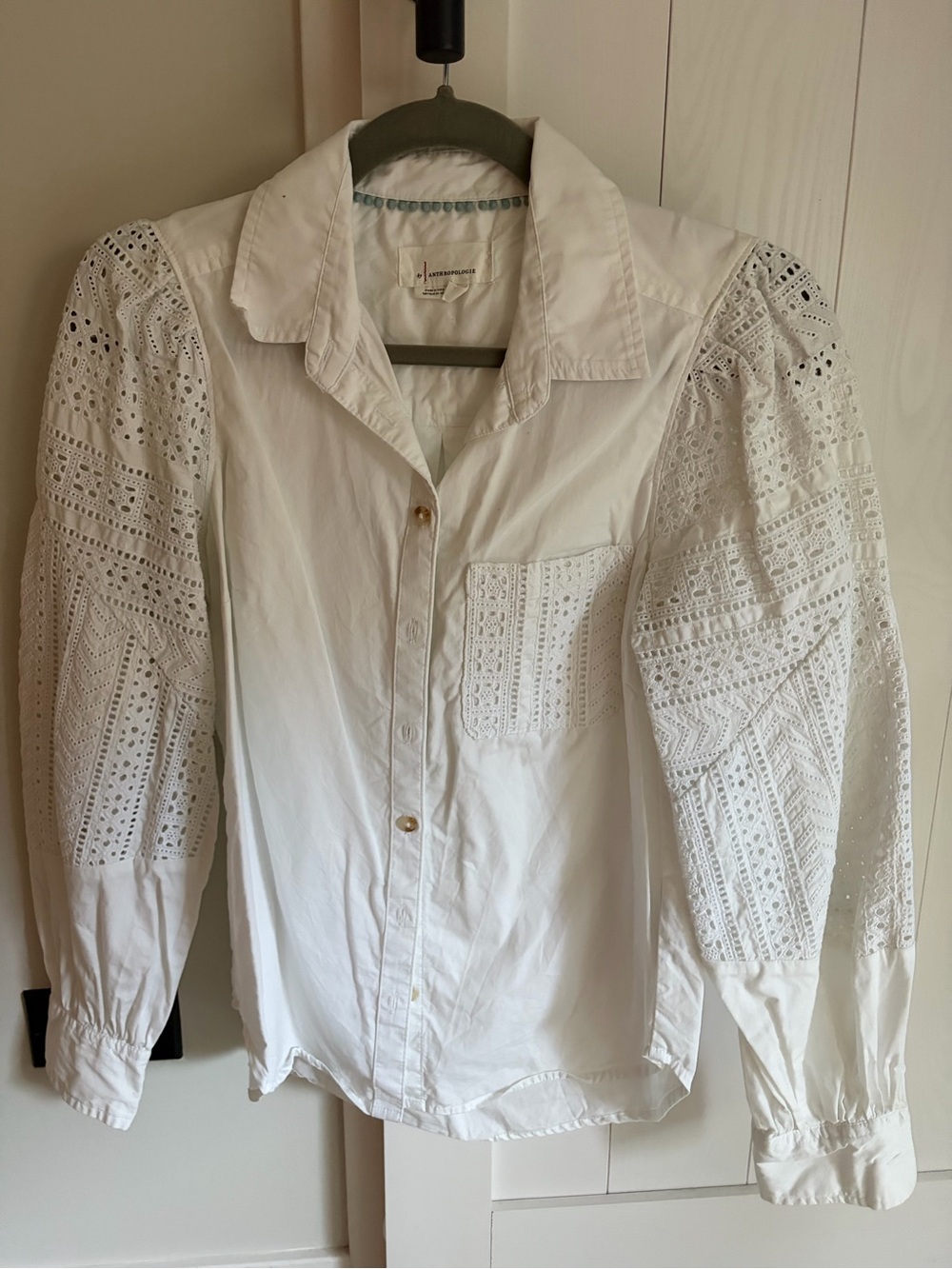 White Eyelet Puff-Sleeve Button-Up Shirt Jacket